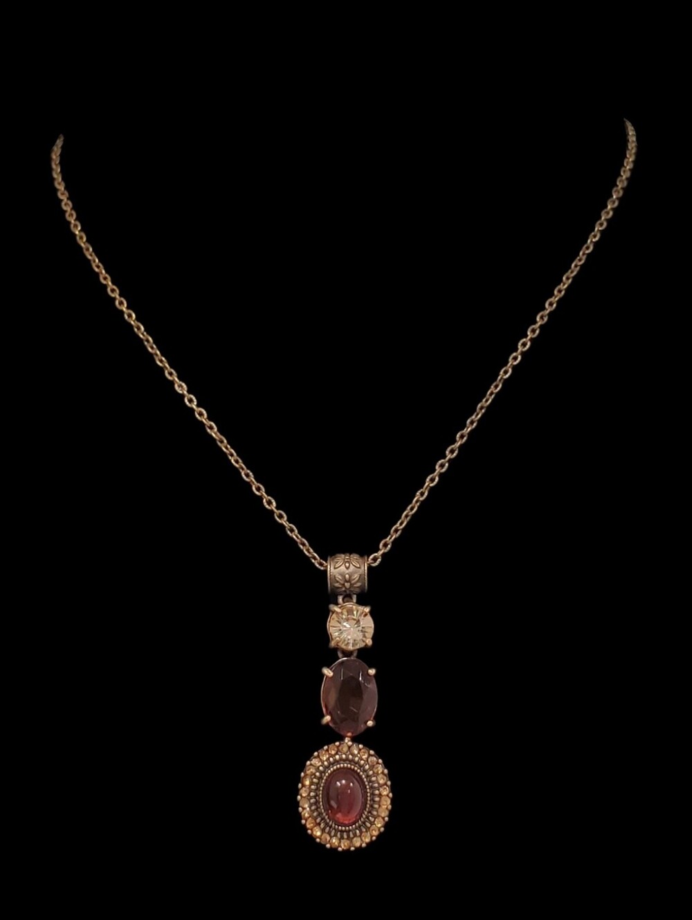Vintage Avon Signed NRT Bronze-Tone Tiered Rhinestone Drop Pendant Necklace